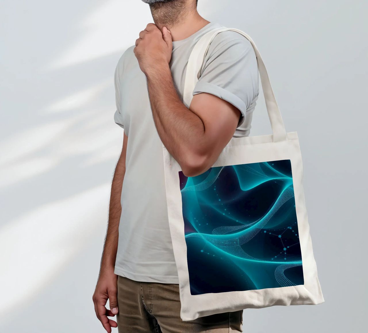 Vibrant digital waves create abstract patterns and depth tote bag by DesignDoodle
