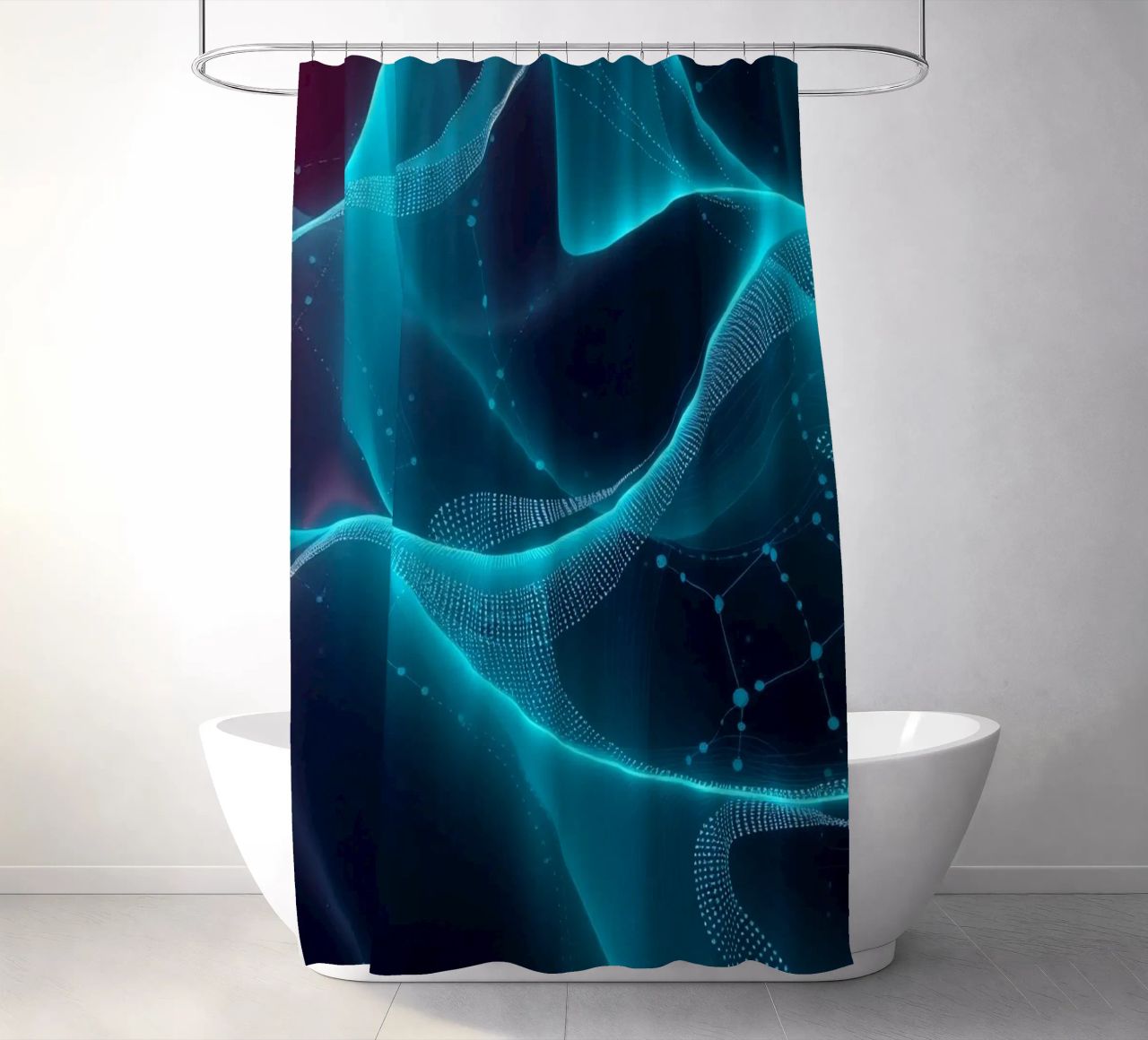Vibrant digital waves create abstract patterns and depth shower curtain by DesignDoodle