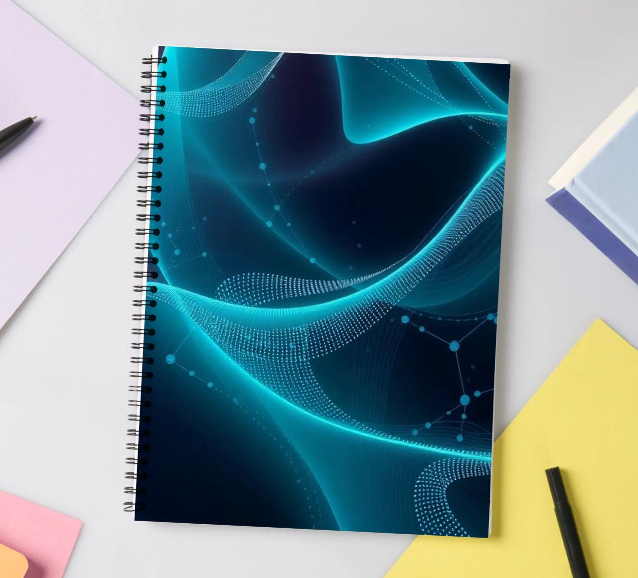 Vibrant digital waves create abstract patterns and depth spiral notebook by DesignDoodle