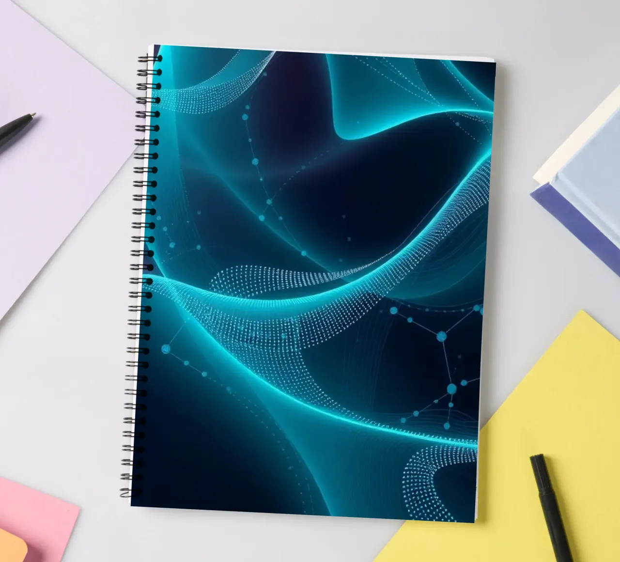 Vibrant digital waves create abstract patterns and depth spiral notebook by DesignDoodle