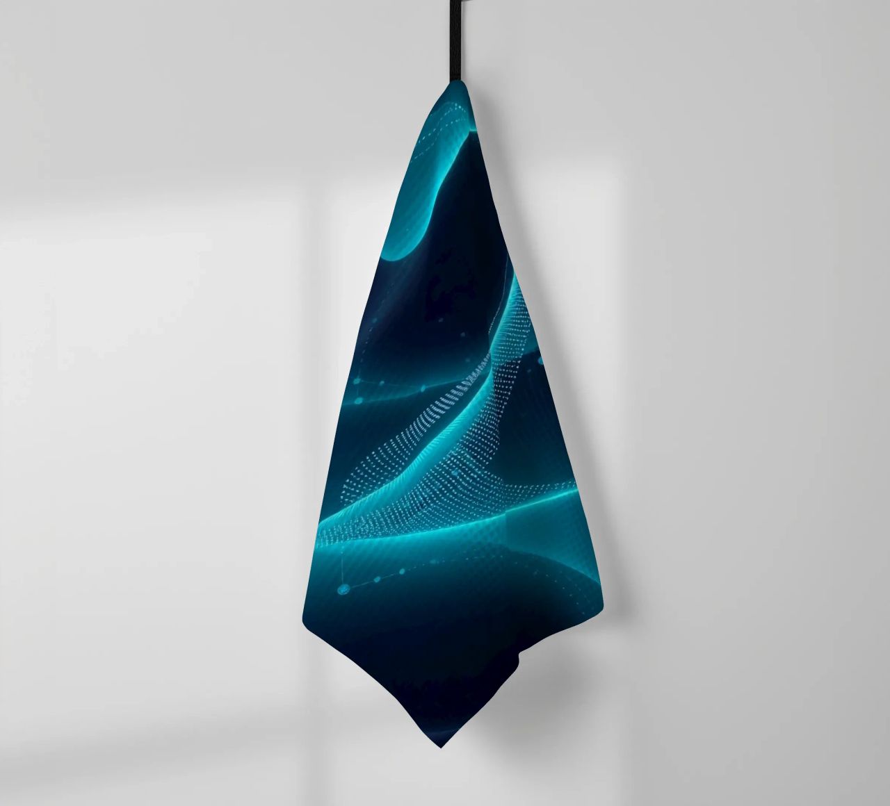 Vibrant digital waves create abstract patterns and depth tea towel by DesignDoodle