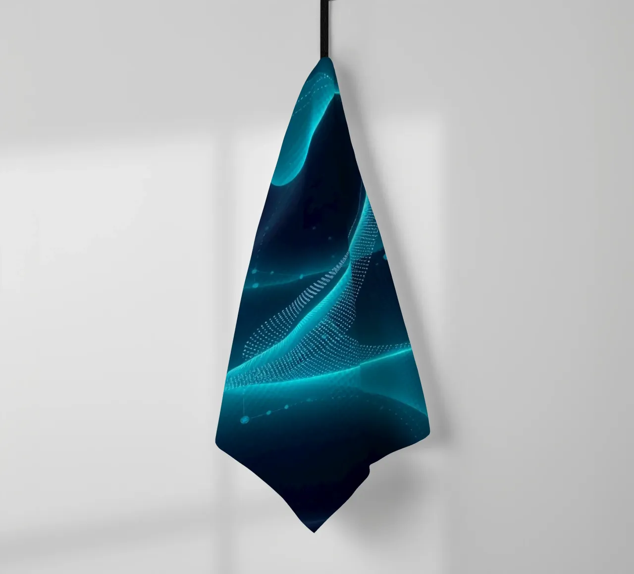 Vibrant digital waves create abstract patterns and depth tea towel by DesignDoodle