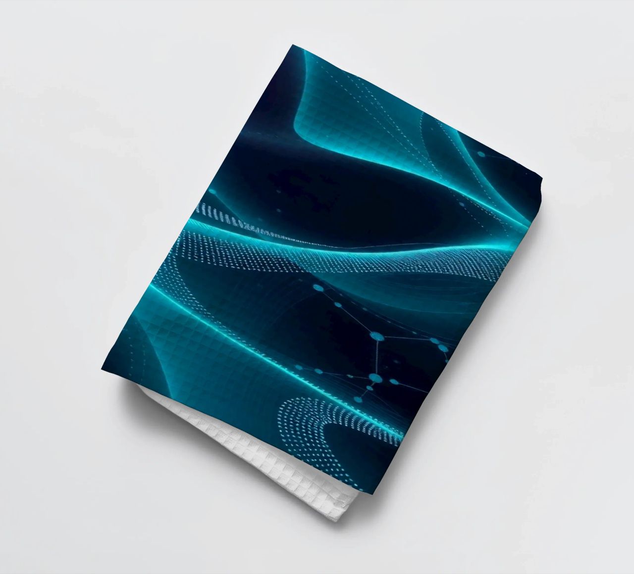 Vibrant digital waves create abstract patterns and depth tea towel by DesignDoodle