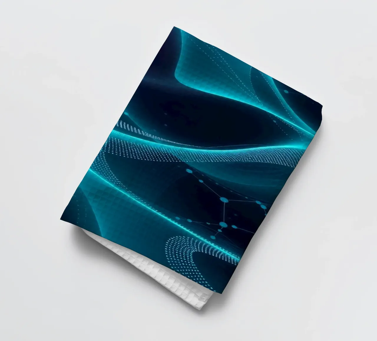 Vibrant digital waves create abstract patterns and depth tea towel by DesignDoodle