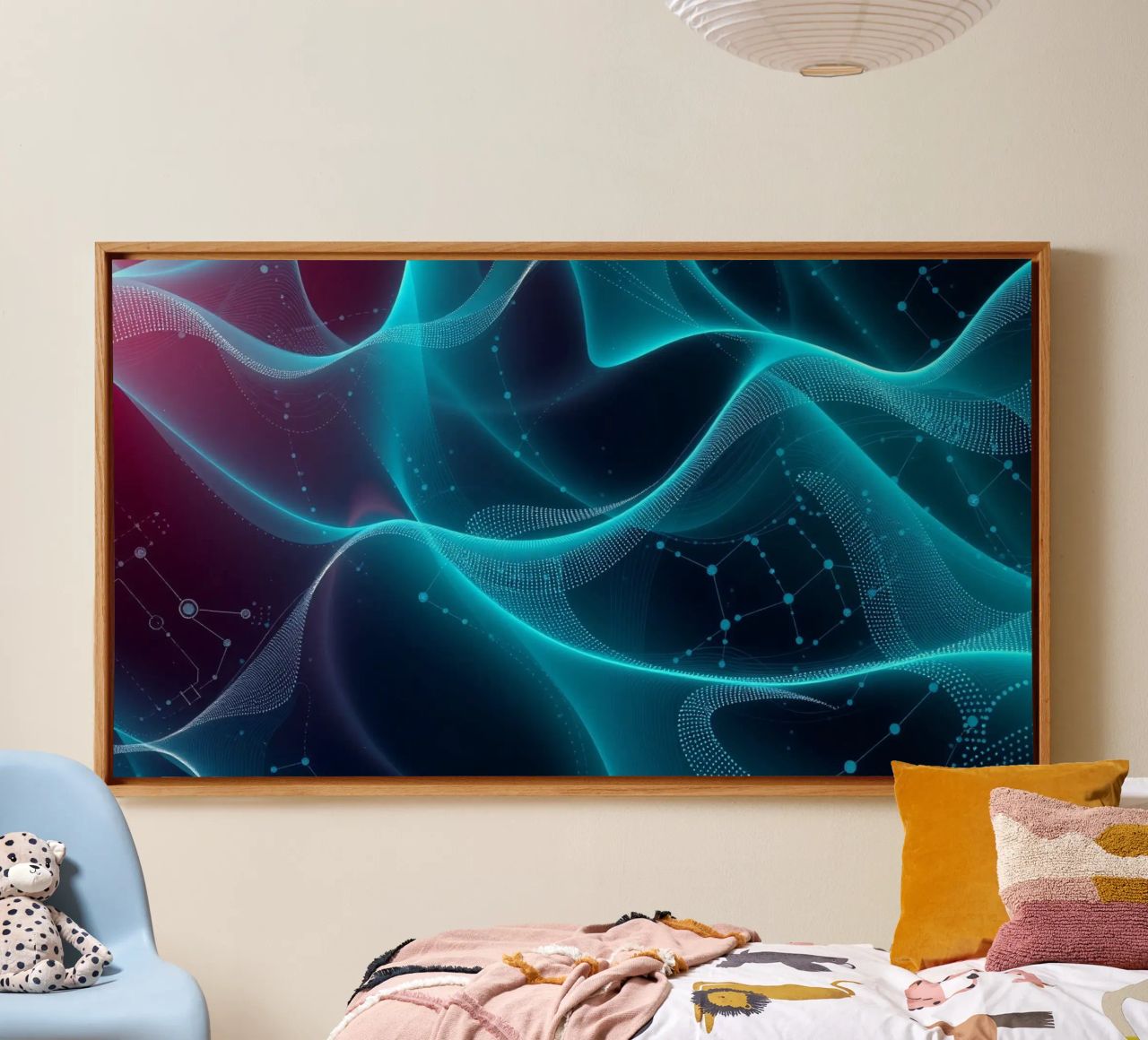 Vibrant digital waves create abstract patterns and depth canvas by DesignDoodle