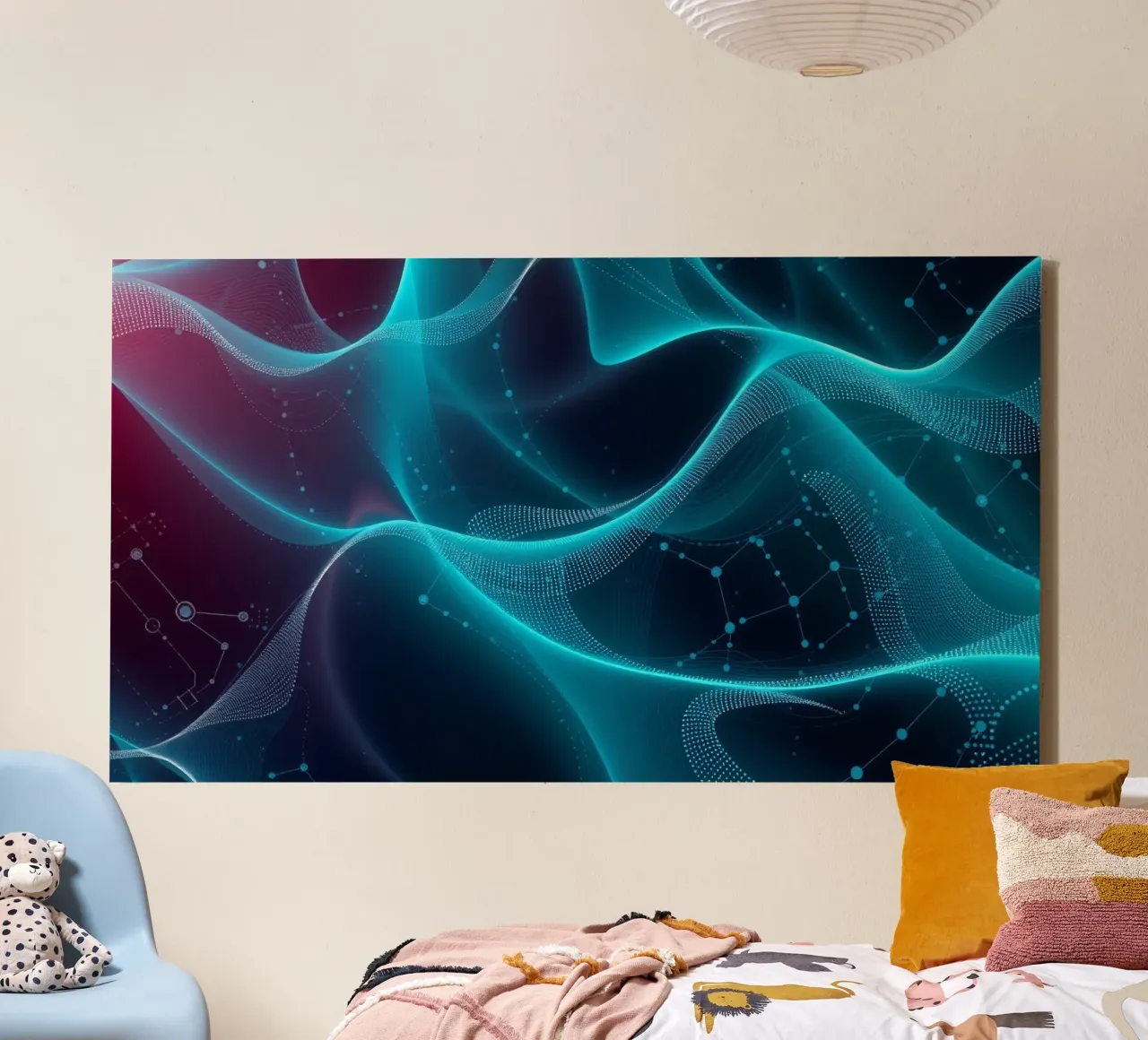 Vibrant digital waves create abstract patterns and depth canvas with Floater frame by DesignDoodle