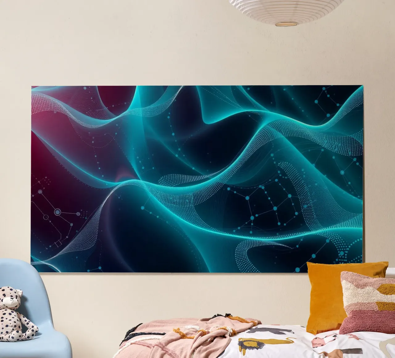 Vibrant digital waves create abstract patterns and depth poster with wooden frame by DesignDoodle