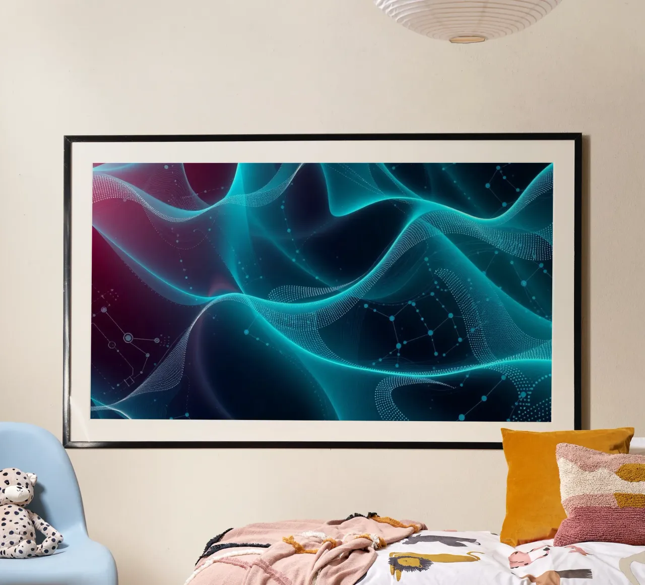 Vibrant digital waves create abstract patterns and depth poster with wooden frame by DesignDoodle