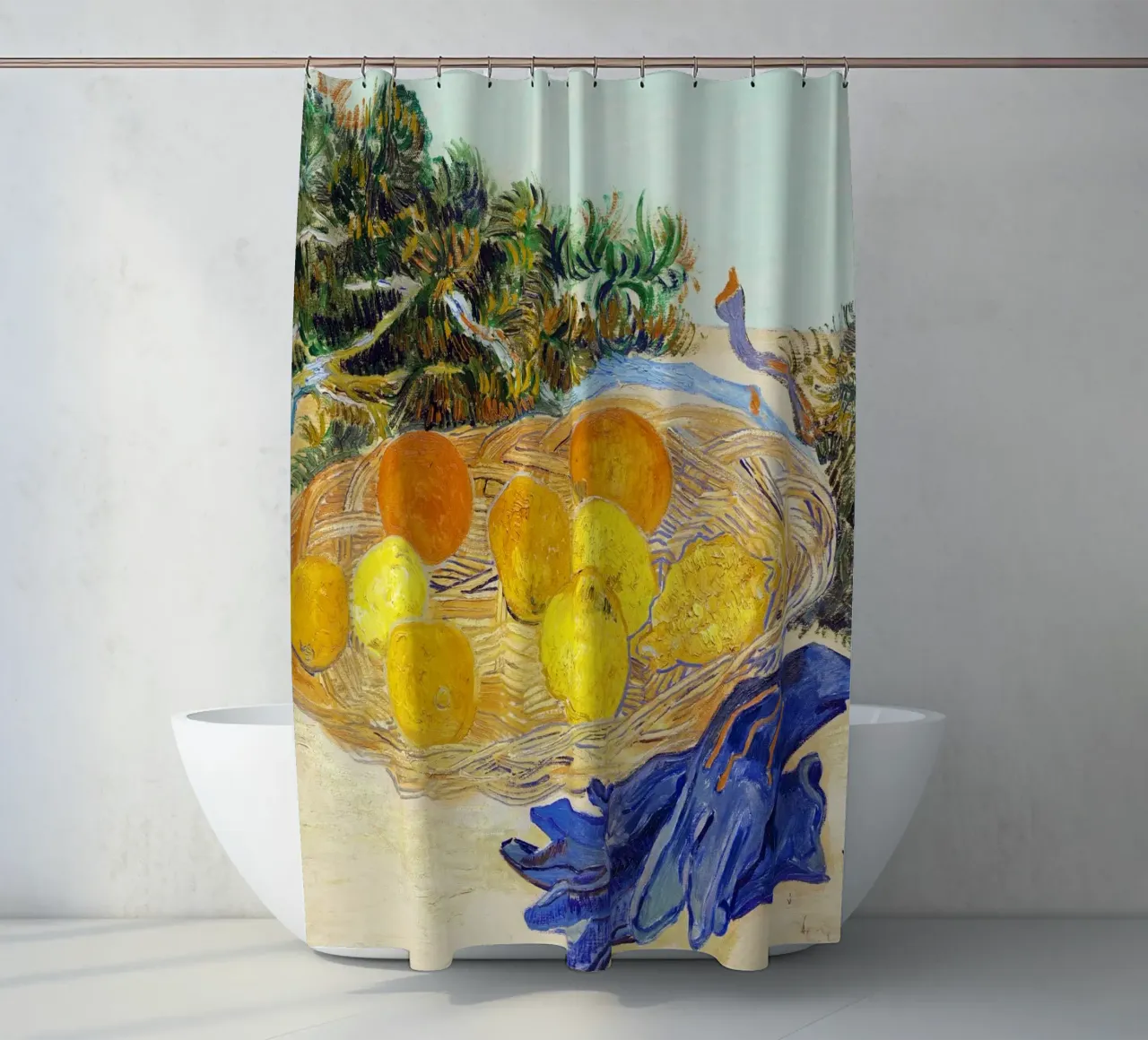 Vincent van Gogh Natura morta di arance e limoni con blu tenda da doccia da Van Gogh Prints