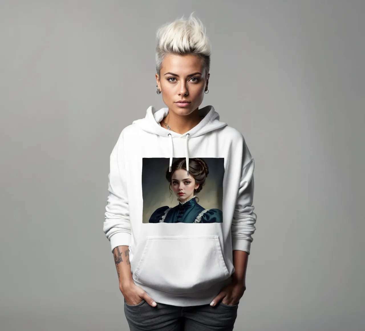 giovane donna in abito storico con acconciatura elegante felpa con cappuccio da DesignDoodle