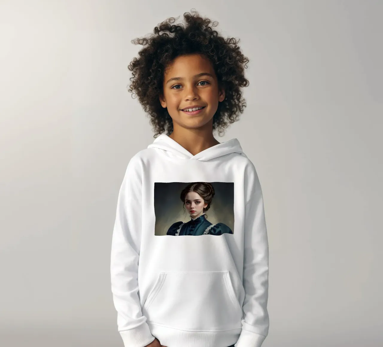jonge vrouw in historische kleding met elegant kapsel kinder hoodie van DesignDoodle