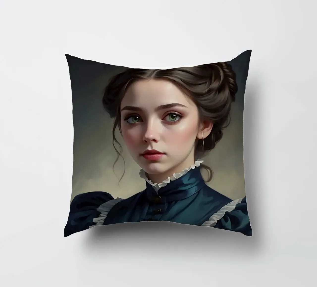 young woman in historical attire with elegant hairstyle decorative cushion by DesignDoodle