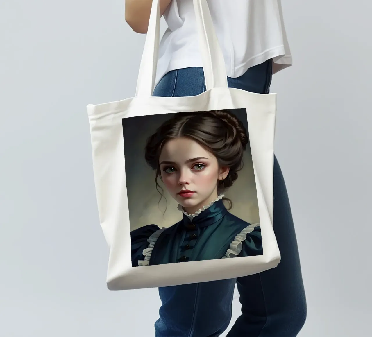 young woman in historical attire with elegant hairstyle tote bag by DesignDoodle