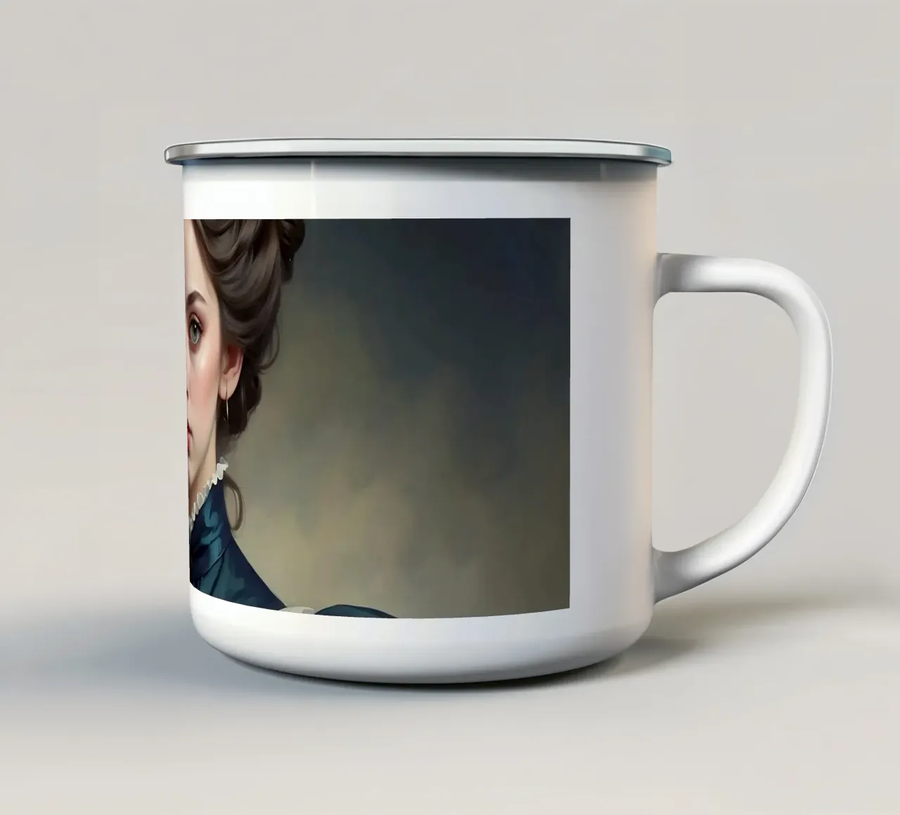 giovane donna in abito storico con acconciatura elegante tazza in smalto da DesignDoodle