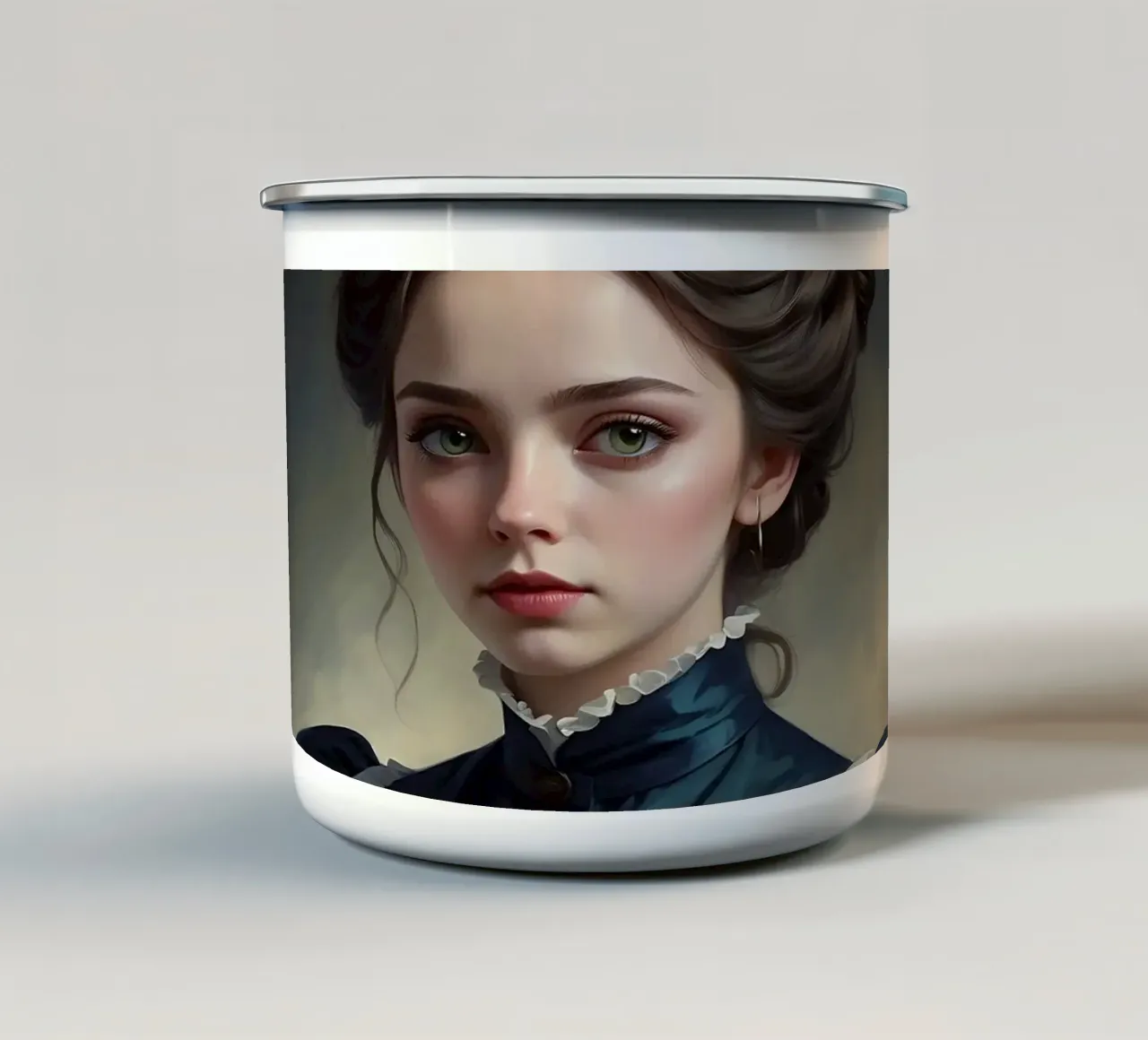 giovane donna in abito storico con acconciatura elegante tazza in smalto da DesignDoodle