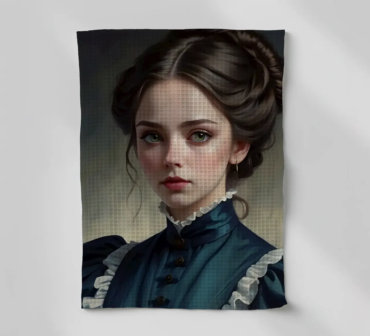 mujer joven en traje histórico con peinado elegante paño de cocina de DesignDoodle