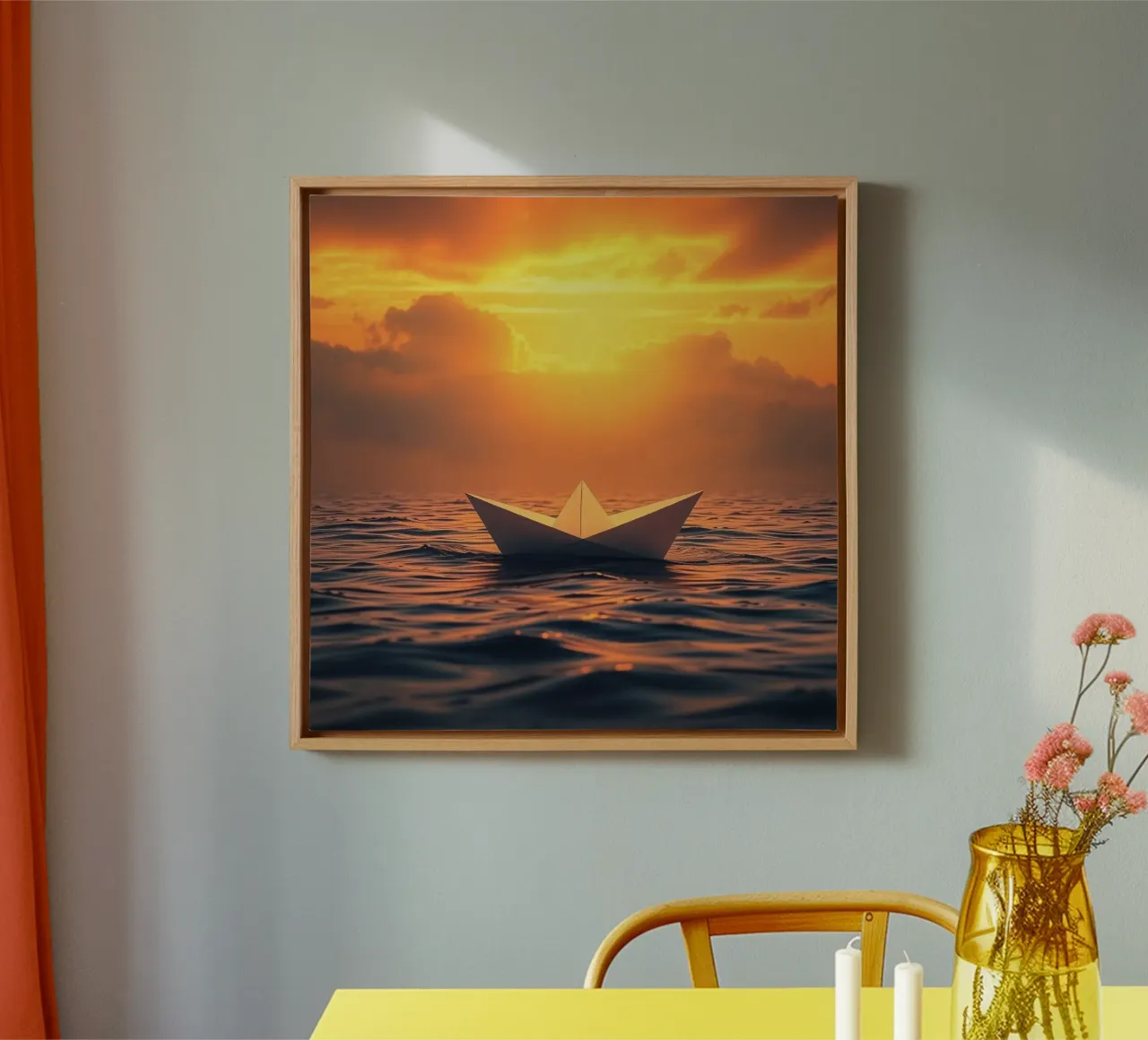 Papierboot auf ruhigem Wasser treibend während eines lebhaften Sonnenuntergangs Leinwand mit Schattenfugenrahmen von DesignDoodle