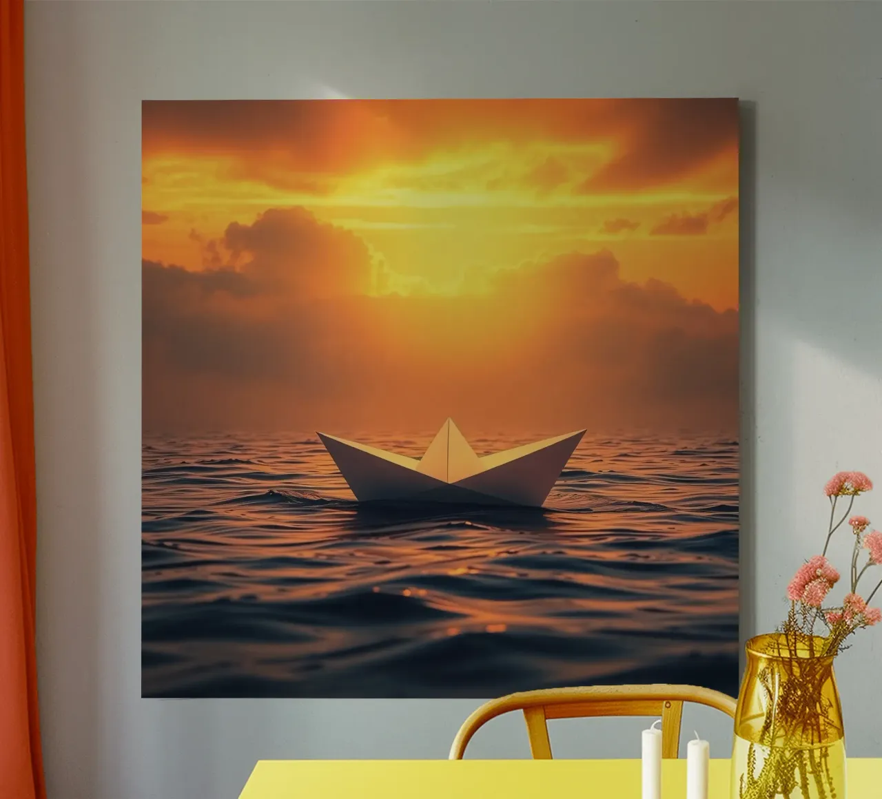 Papierboot auf ruhigem Wasser treibend während eines lebhaften Sonnenuntergangs Leinwand mit Schattenfugenrahmen von DesignDoodle