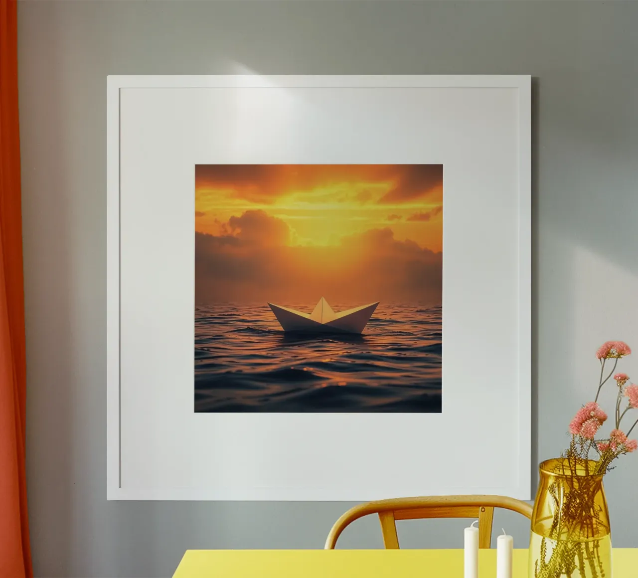 Papierboot auf ruhigem Wasser treibend während eines lebhaften Sonnenuntergangs Poster mit Aluminium Rahmen von DesignDoodle
