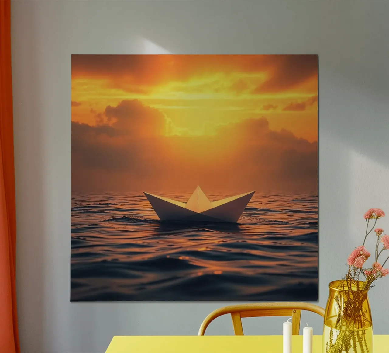 Papierboot auf ruhigem Wasser treibend während eines lebhaften Sonnenuntergangs Poster mit Aluminium Rahmen von DesignDoodle