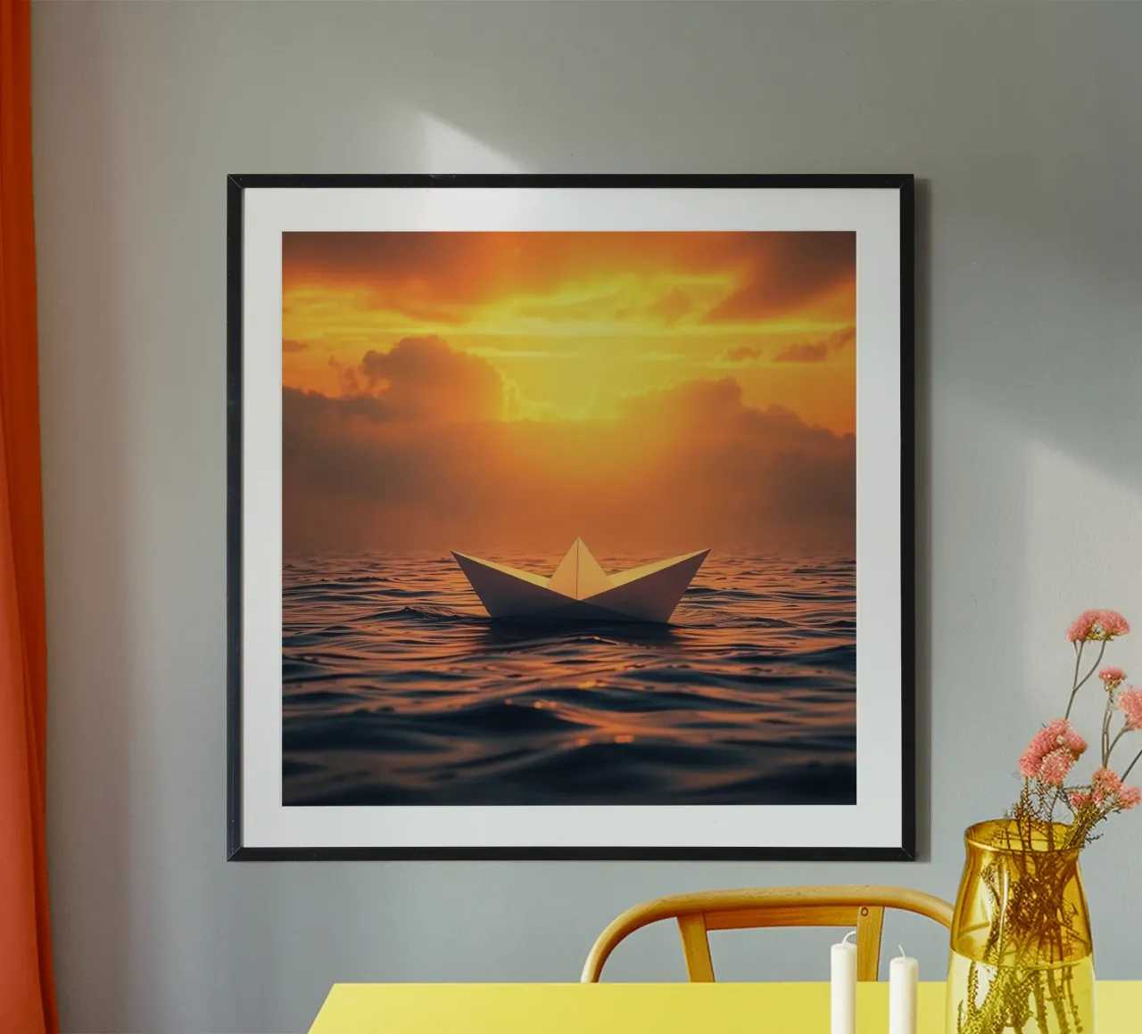 Papierboot auf ruhigem Wasser treibend während eines lebhaften Sonnenuntergangs Poster mit Aluminium Rahmen von DesignDoodle