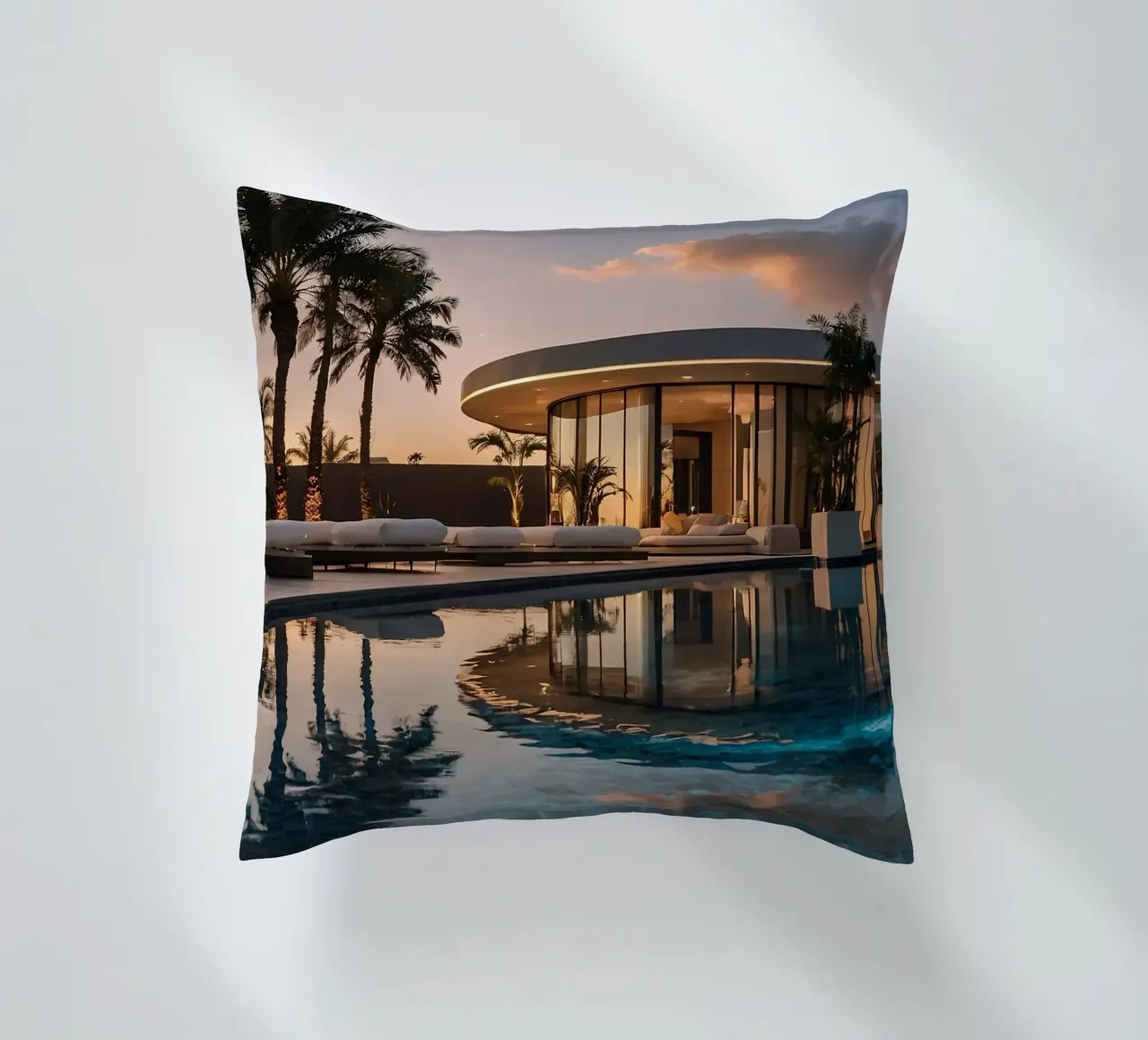 Moderna villa di lusso con splendido riflesso del tramonto cuscino da DesignDoodle