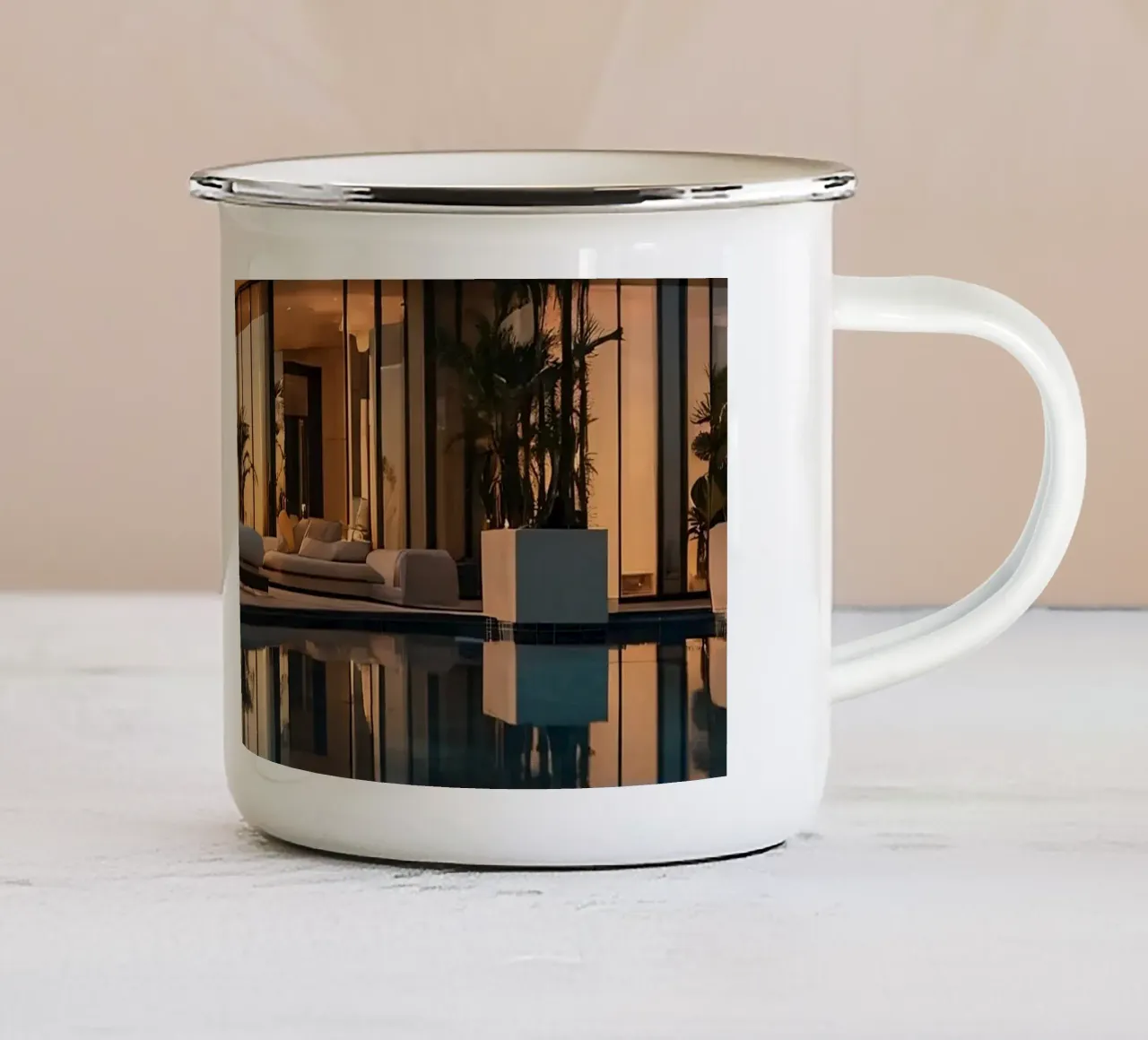 Moderna villa di lusso con splendido riflesso del tramonto tazza in smalto da DesignDoodle