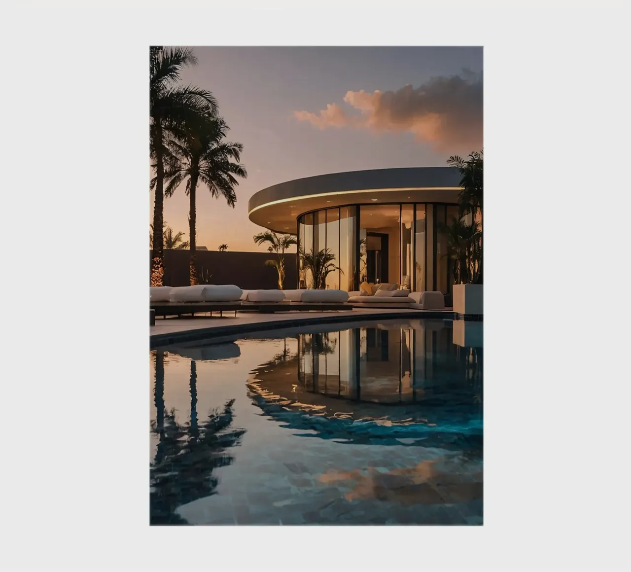 Moderna villa di lusso con splendido riflesso del tramonto diario da DesignDoodle