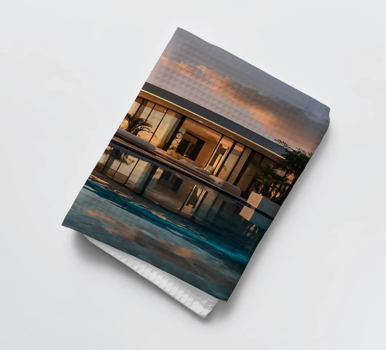 Moderna villa di lusso con splendido riflesso del tramonto canovaccio da cucina da DesignDoodle