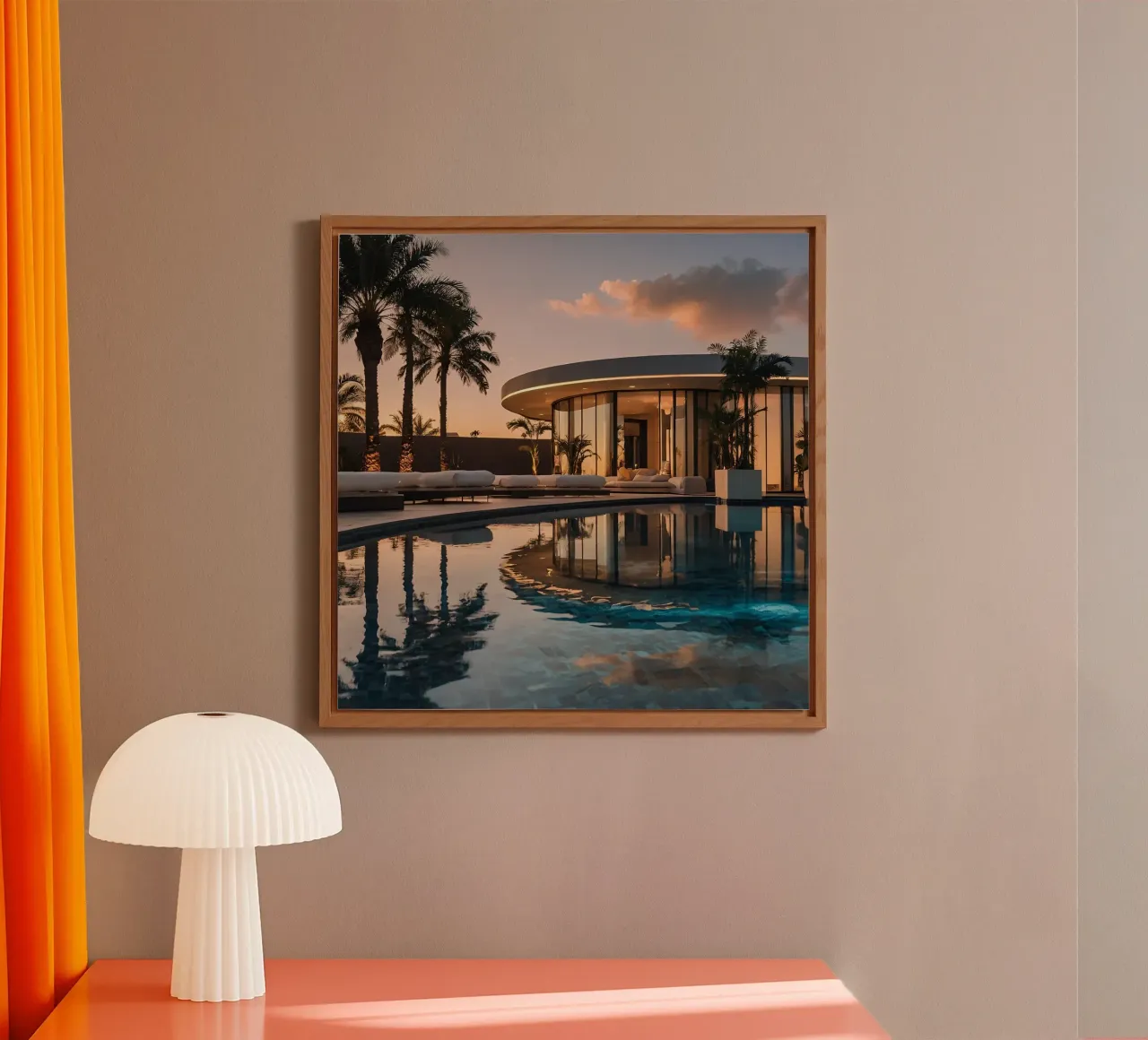 Moderna villa di lusso con splendido riflesso del tramonto alluminio dibond da DesignDoodle