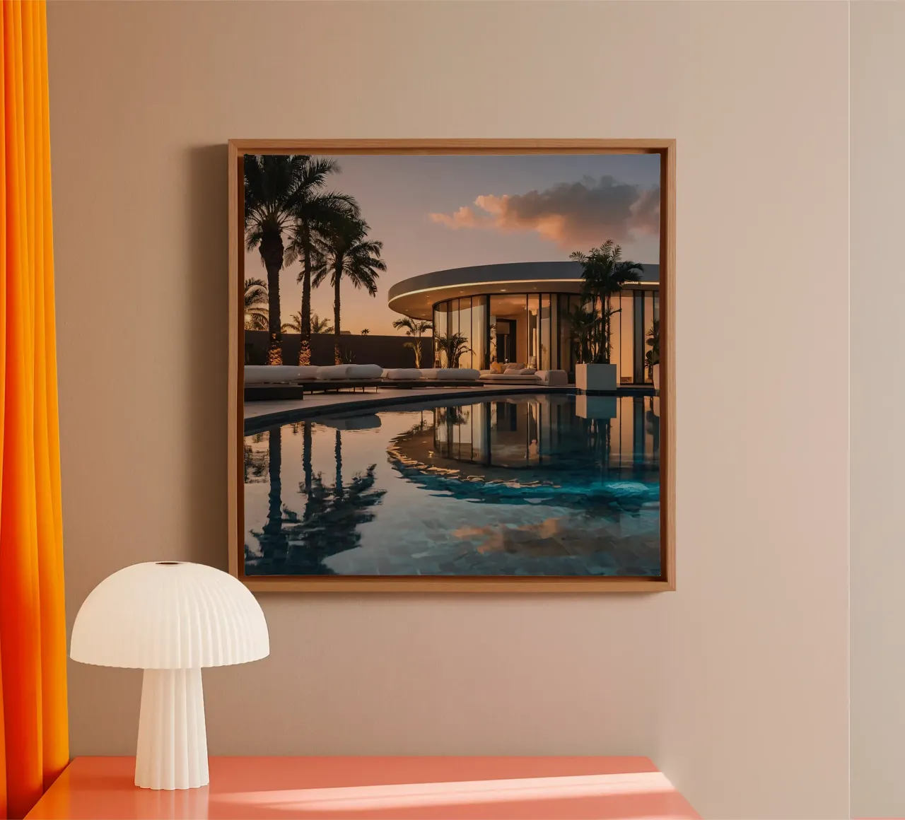 Moderna villa di lusso con splendido riflesso del tramonto tela da DesignDoodle