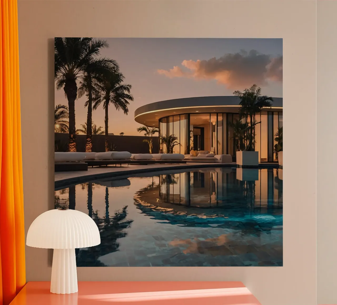 Moderna villa di lusso con splendido riflesso del tramonto tela da DesignDoodle