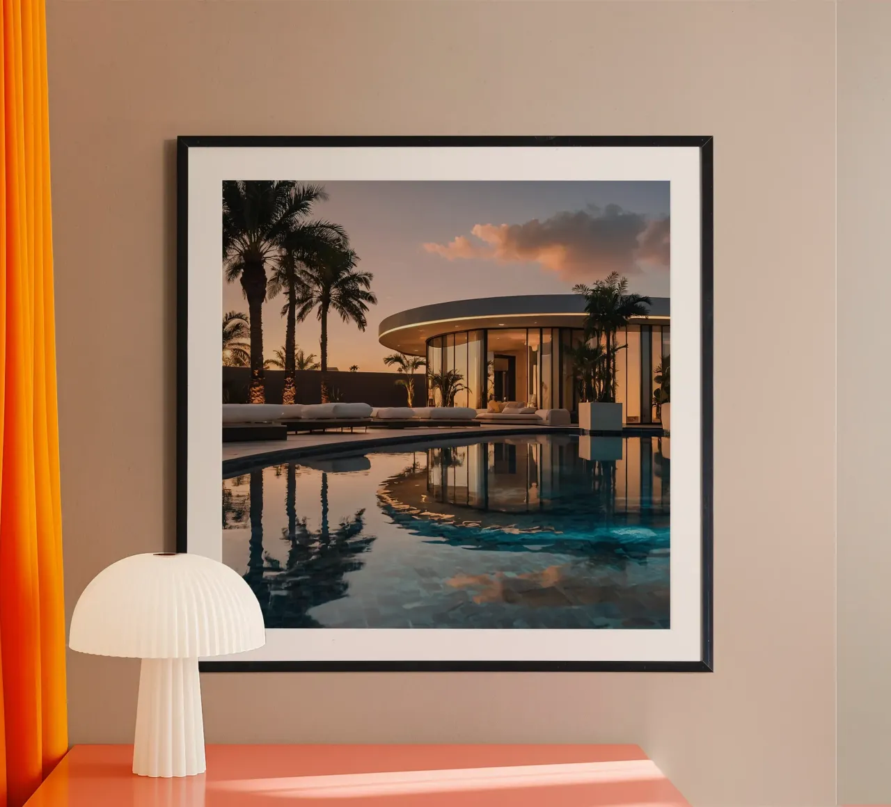 Moderna villa di lusso con splendido riflesso del tramonto carta hahnemühle da DesignDoodle