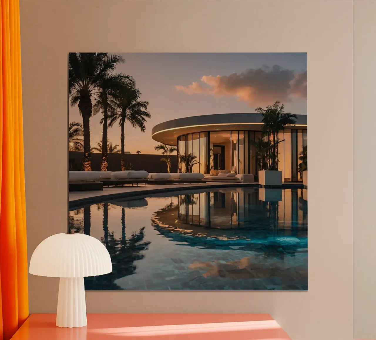 Moderna villa di lusso con splendido riflesso del tramonto carta hahnemühle da DesignDoodle
