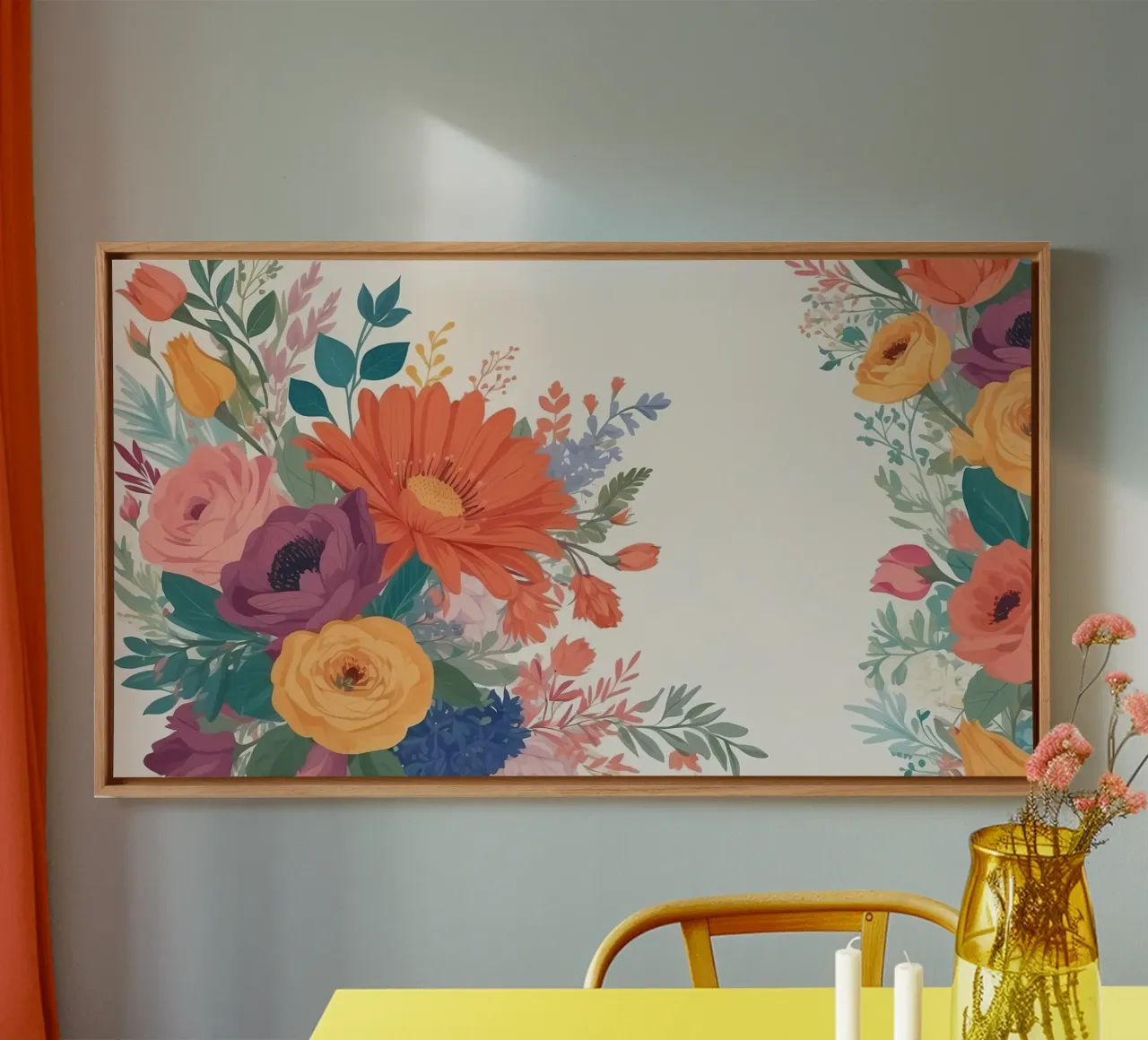 Composizione floreale colorata con gerbera, rose e margherite tela con Cornice a cassetta da DesignDoodle