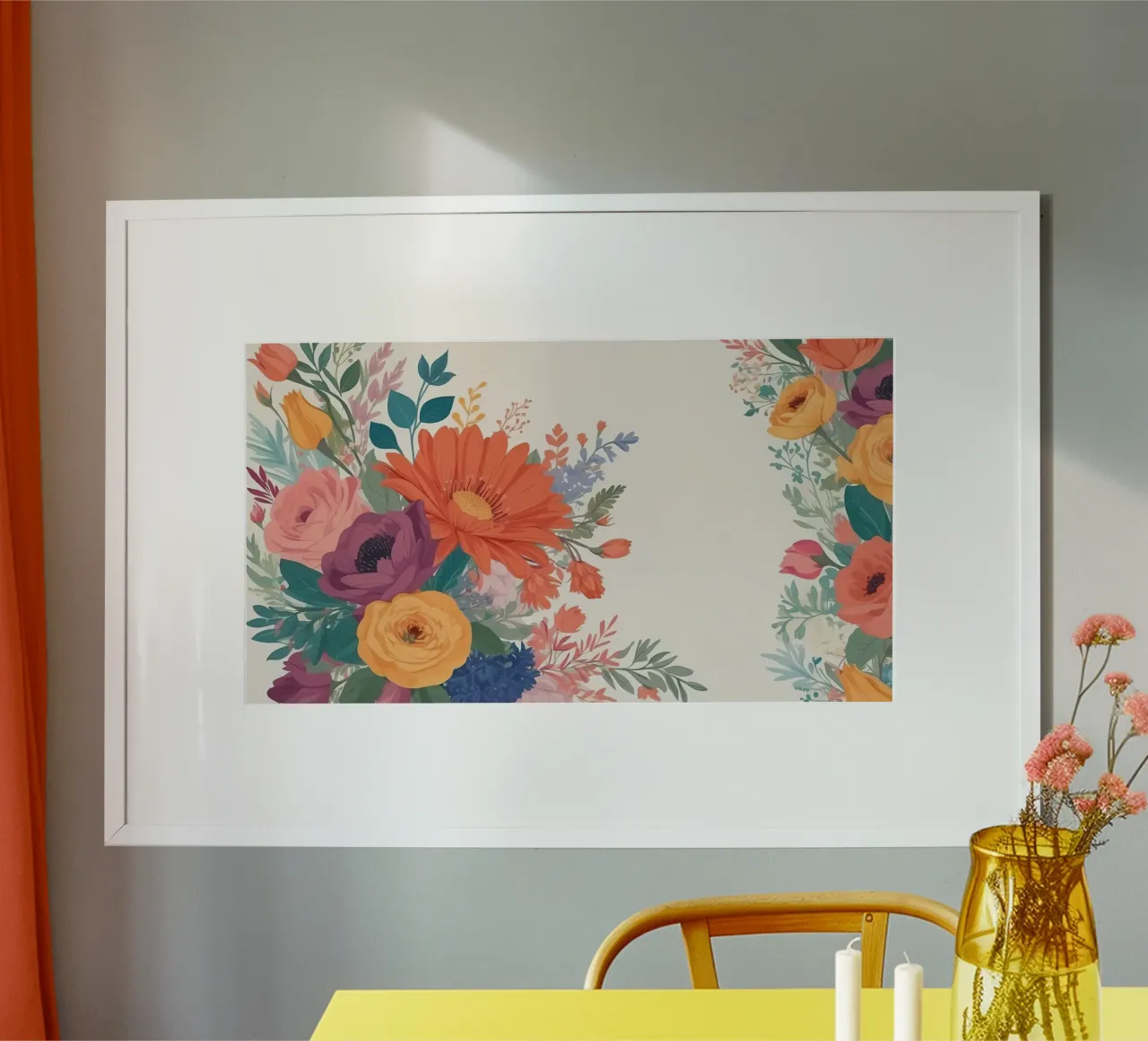Composizione floreale colorata con gerbera, rose e margherite poster con telaio in plastica da DesignDoodle