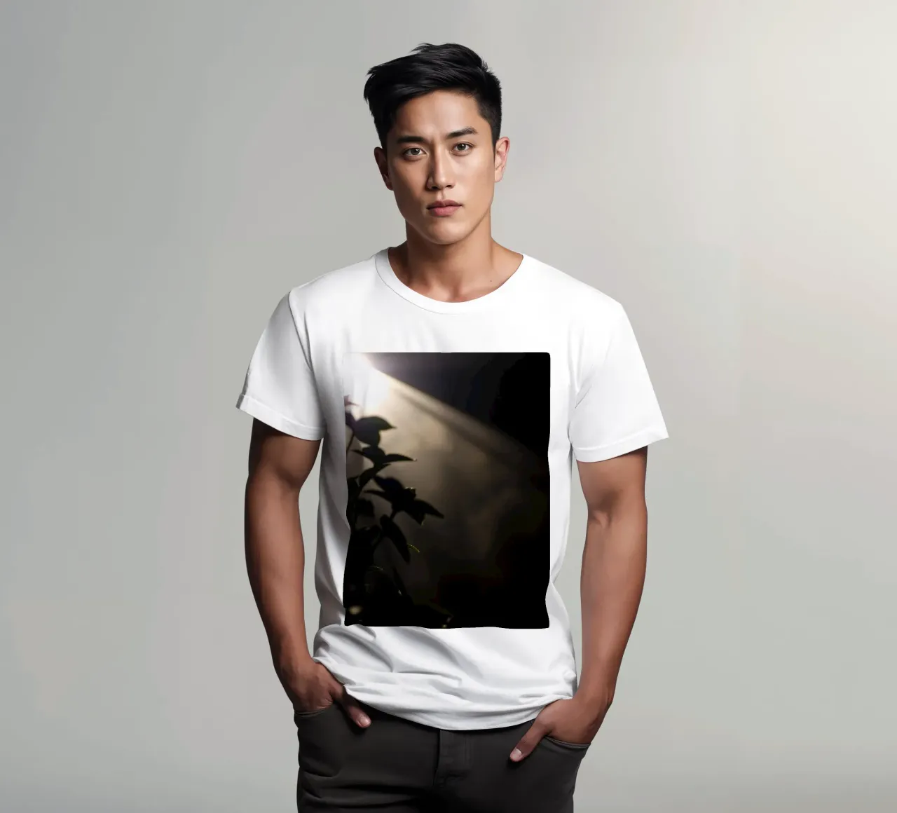 La luce attraversa l'oscurità, illuminando una pianta t-shirt da DesignDoodle