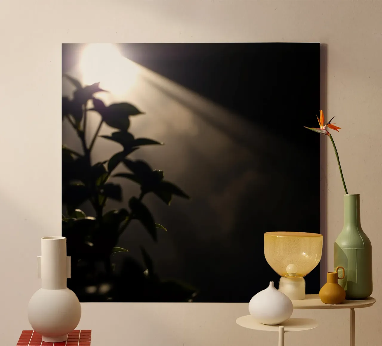 La luce attraversa l'oscurità, illuminando una pianta tela con Cornice a cassetta da DesignDoodle