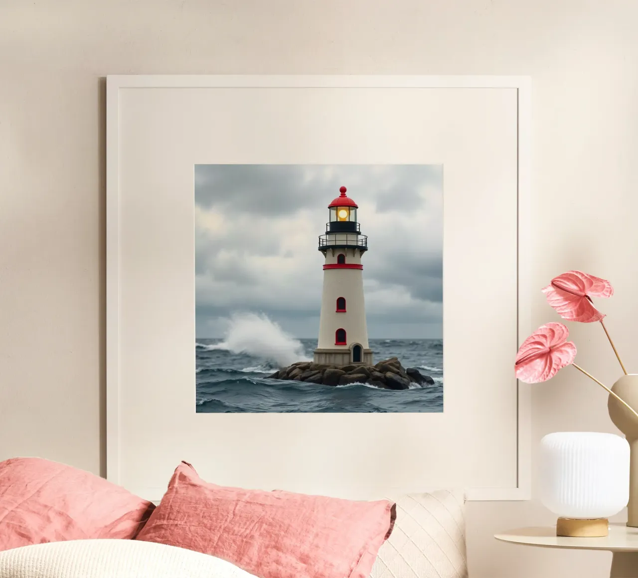 Leuchtturm an der Küste ragt aus dem stürmischen Himmel Poster mit Kunststoffrahmen von DesignDoodle