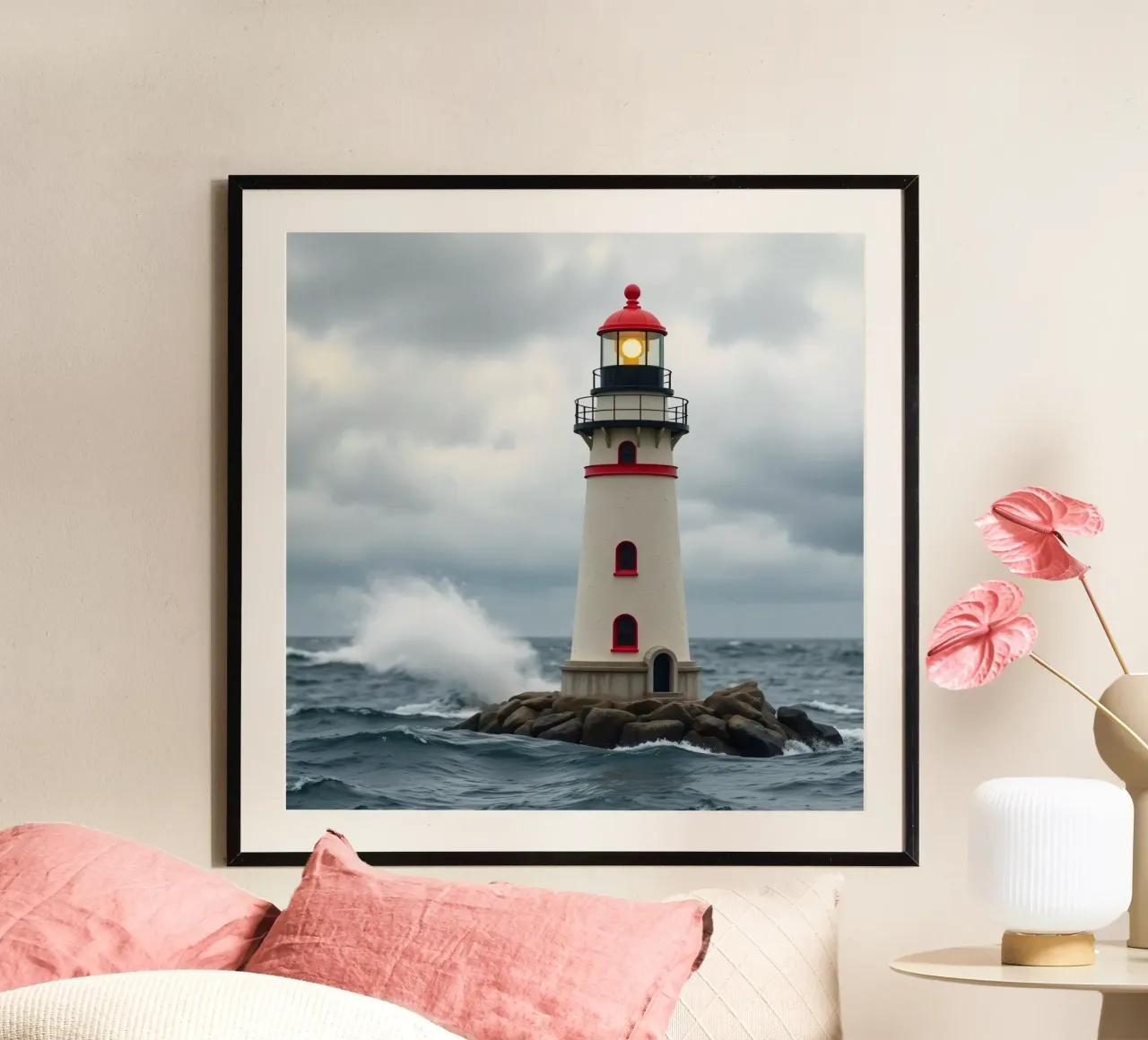 Leuchtturm an der Küste ragt aus dem stürmischen Himmel Poster mit Kunststoffrahmen von DesignDoodle