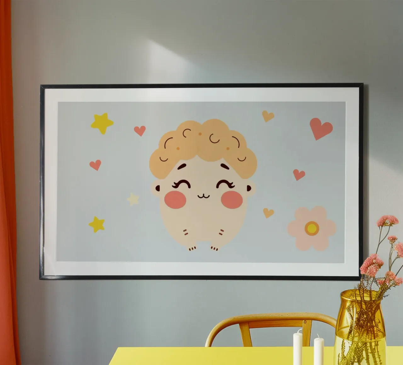 Simpatico personaggio dei cartoni animati con capelli ricci circondato da cuori poster da DesignDoodle