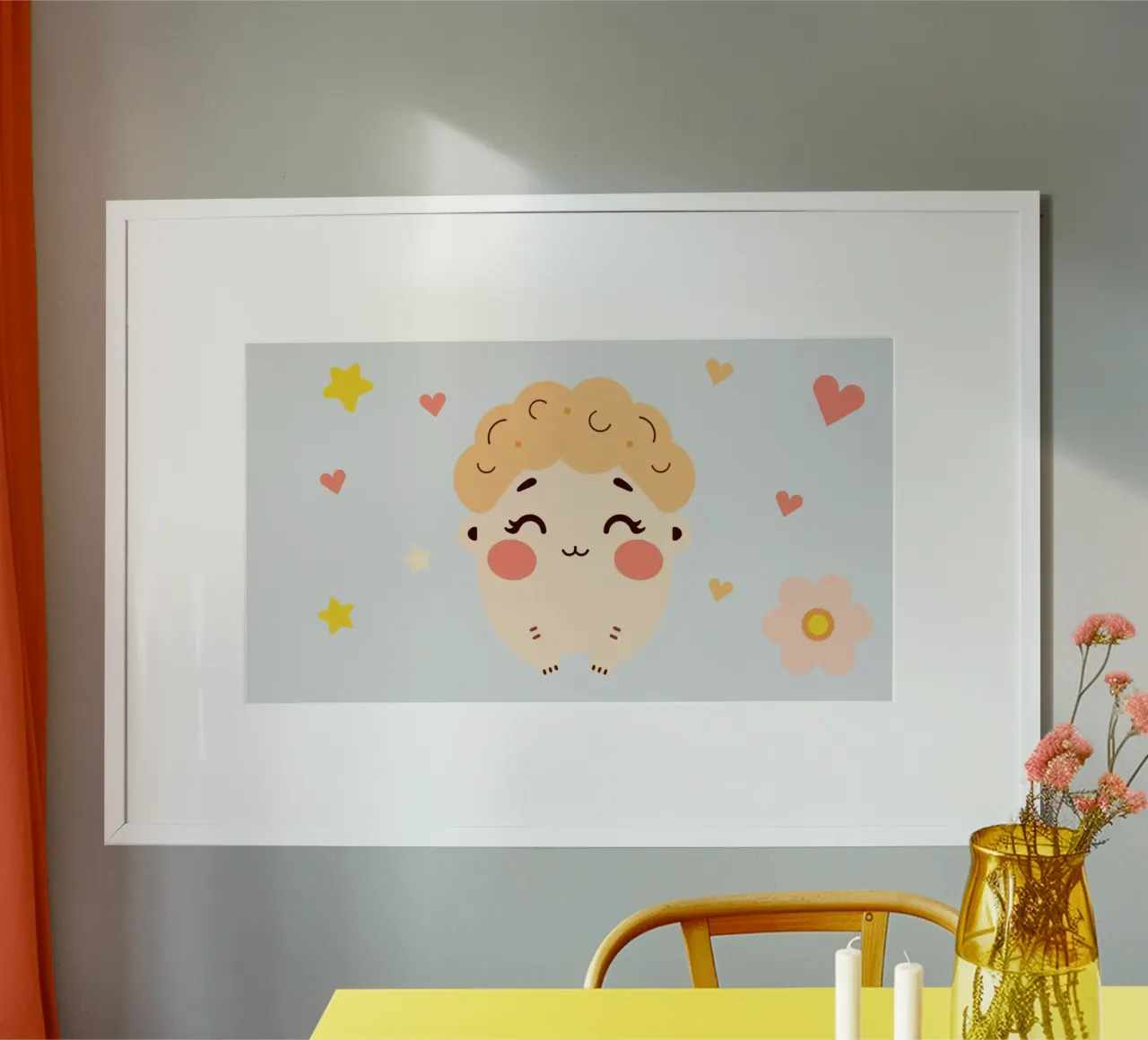 Simpatico personaggio dei cartoni animati con capelli ricci circondato da cuori poster da DesignDoodle