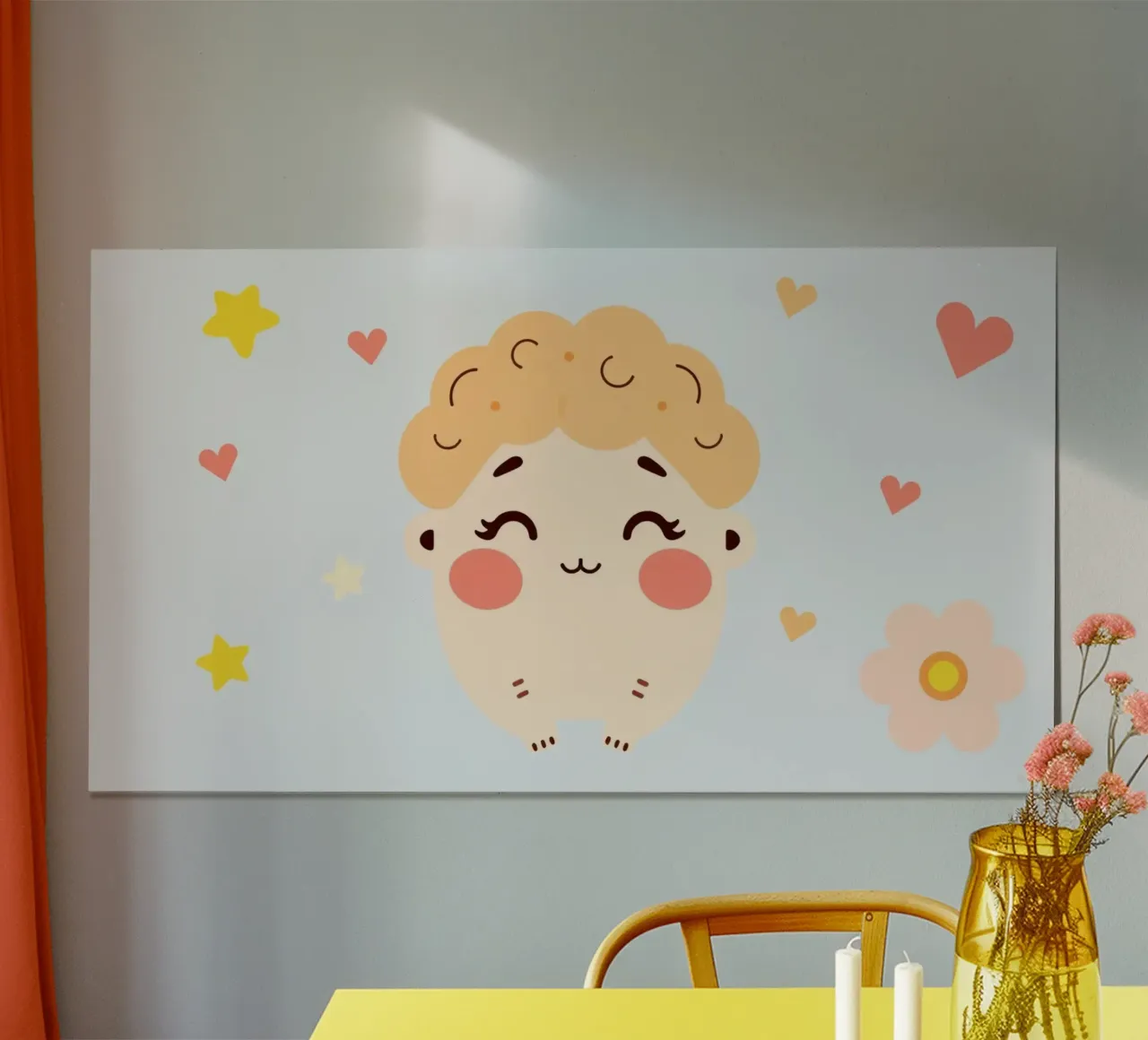 Simpatico personaggio dei cartoni animati con capelli ricci circondato da cuori poster da DesignDoodle