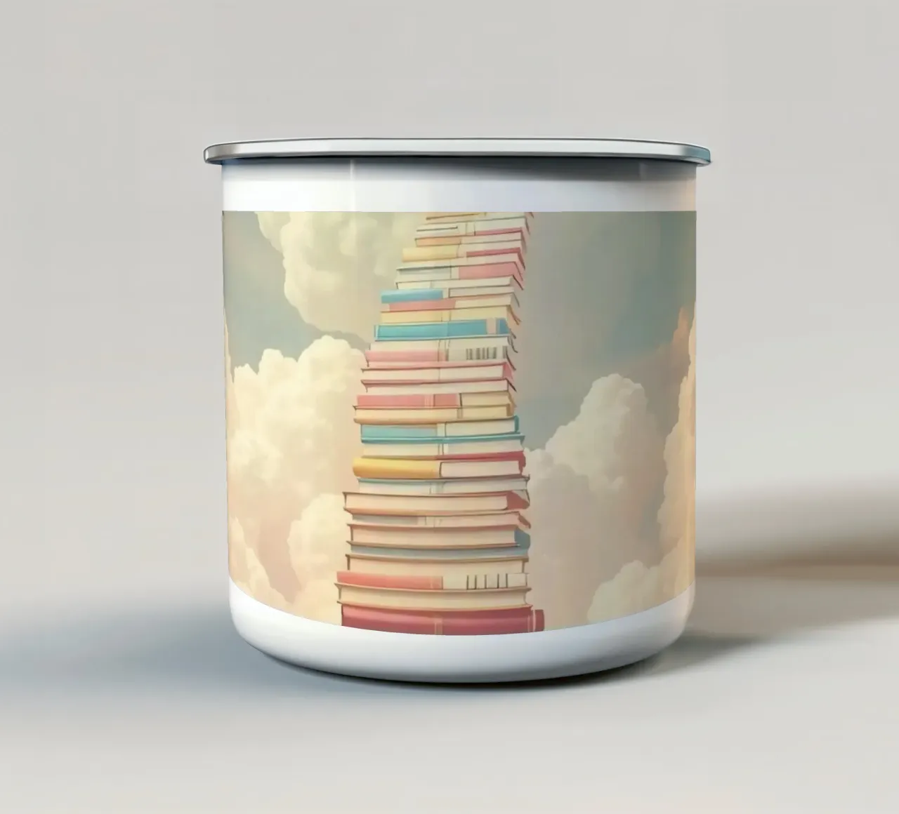 Books create a surreal staircase leading to the clouds enamel mug by DesignDoodle
