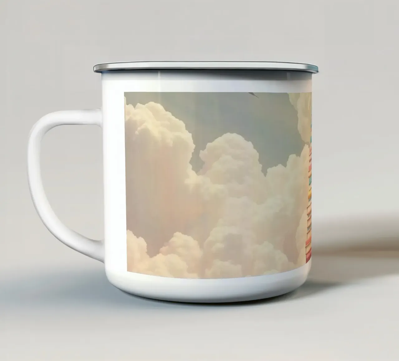 Books create a surreal staircase leading to the clouds enamel mug by DesignDoodle