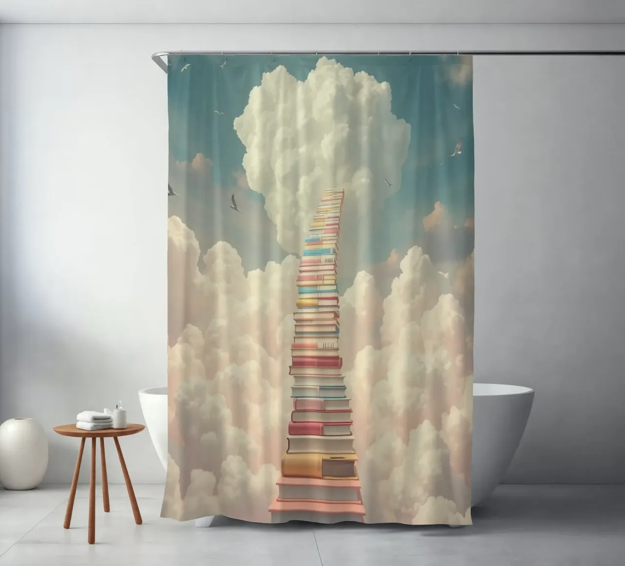 Books create a surreal staircase leading to the clouds shower curtain by DesignDoodle