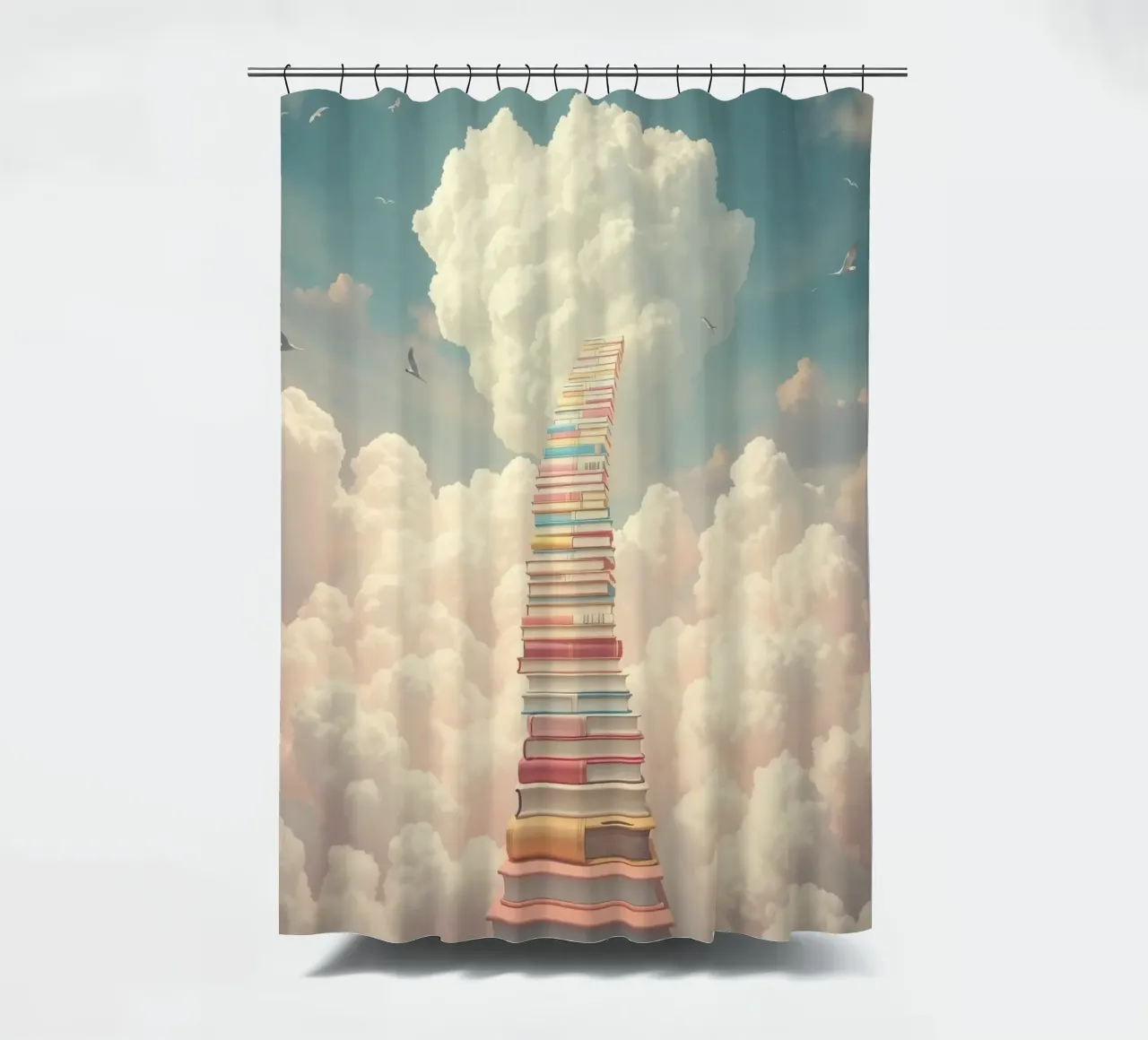 Books create a surreal staircase leading to the clouds shower curtain by DesignDoodle