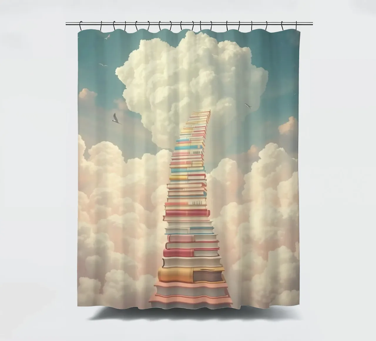 Books create a surreal staircase leading to the clouds shower curtain by DesignDoodle