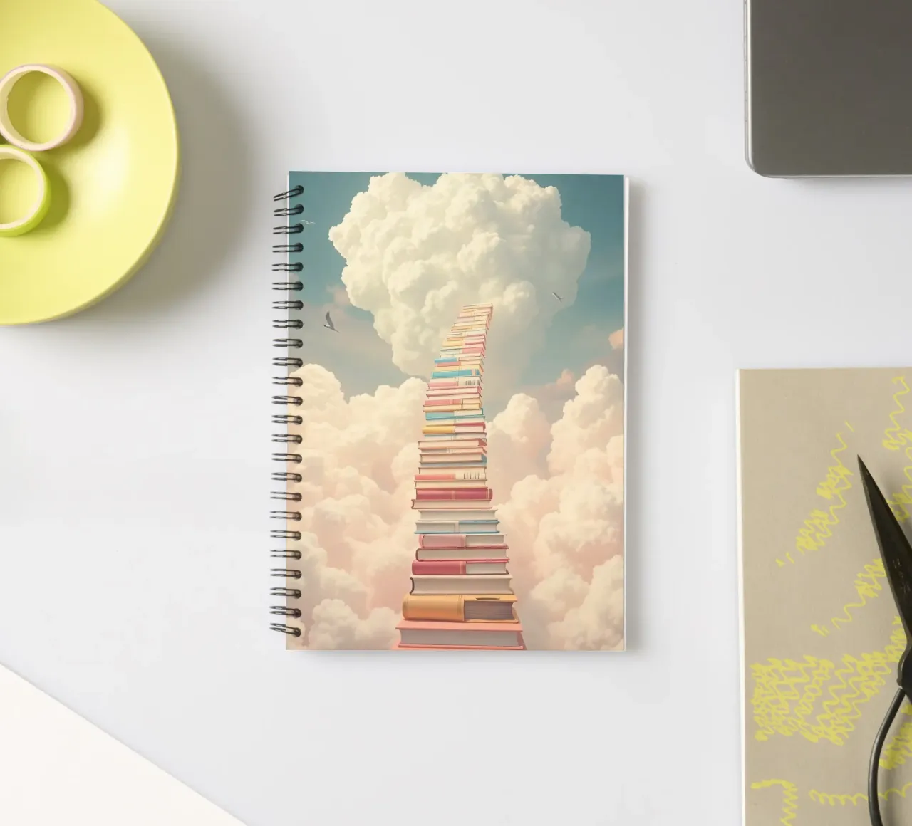 Books create a surreal staircase leading to the clouds spiral notebook by DesignDoodle