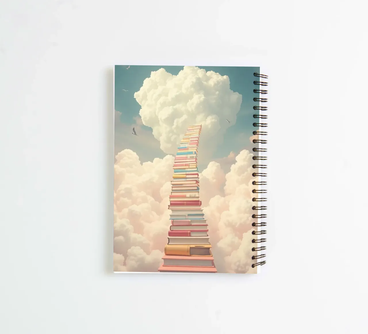 Books create a surreal staircase leading to the clouds spiral notebook by DesignDoodle